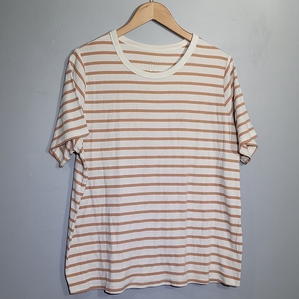 A New Day Striped White Tan Short Sleeve Tee